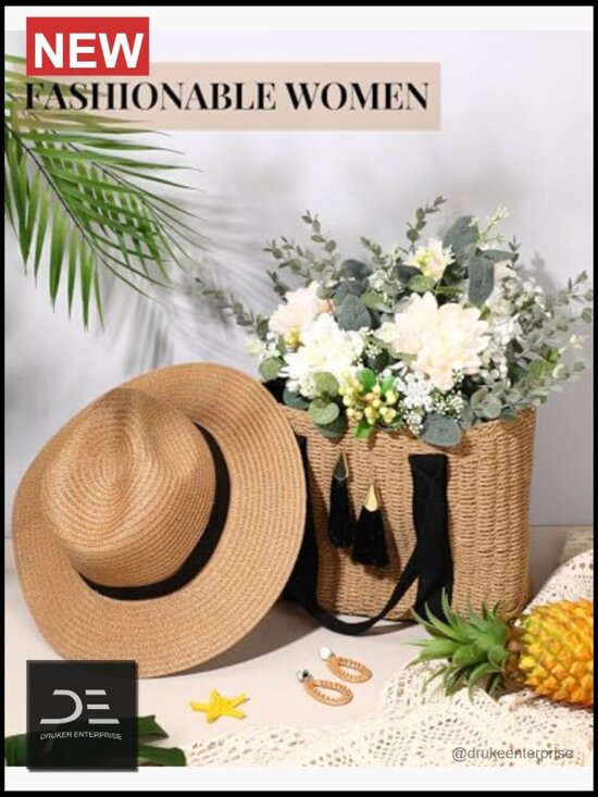 Straw Bag with Rattan Wicker Hat and Tassel Earrings Set Boho Summer Accessories main image 4